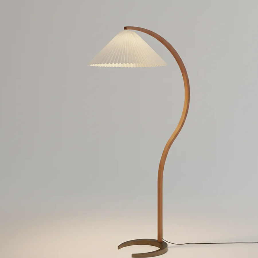 Lampadaire nordique rétro en bois courbé et abat-jour textile