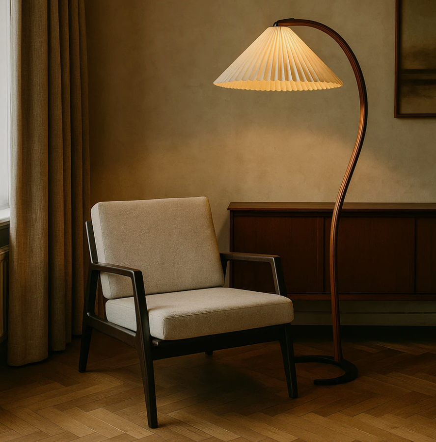 Lampadaire nordique rétro en bois courbé et abat-jour textile