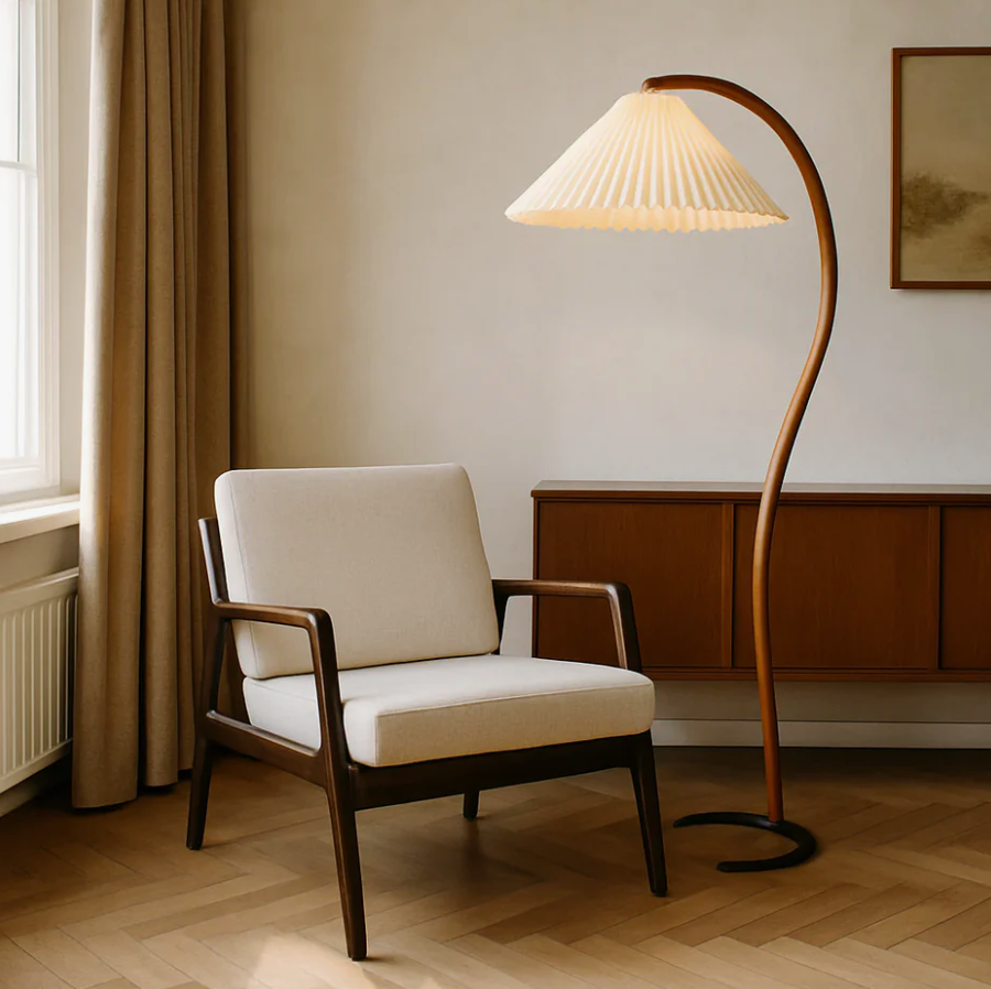 Lampadaire nordique rétro en bois courbé et abat-jour textile